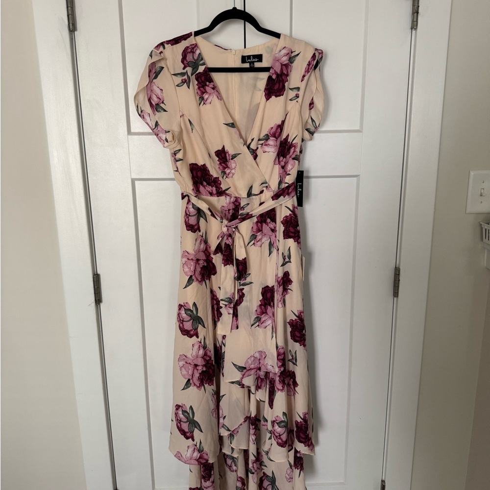 Lulu's Floral Wrap Dress - Cream and Purple